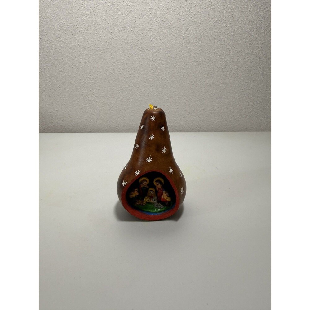 Vintage Carved Painted Gourd Nativity Scene Folk Art Christmas Ornament Mexico